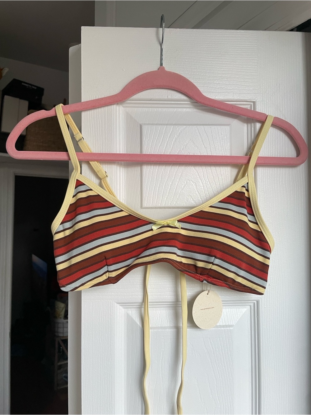 Yellow Striped Bowknot Contrast Binding Tank Style Bikini Top